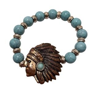 Turquoise Beaded Stretch Bracelet Native Chief Head Western Boho
